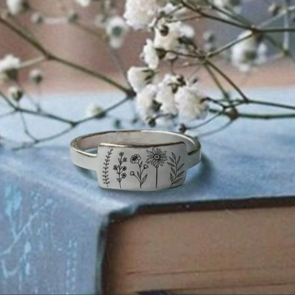 Carved Engraving Wildflowers Dandelion Daisy Silver Ring - Picture 5 of 8
